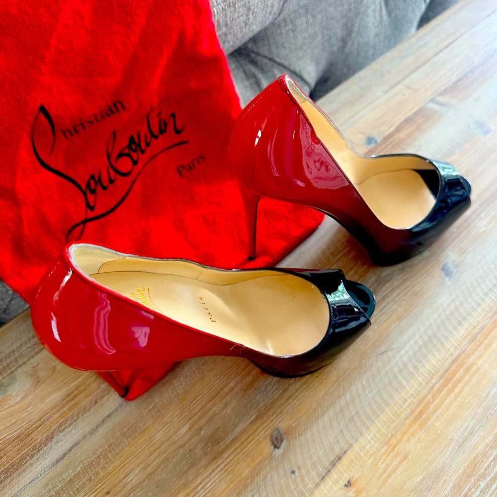 Christian Louboutin patent leather pump, peep toe stiletto heel. Size 37